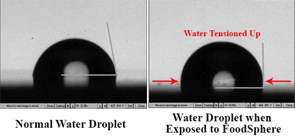 normal water droplet vs. water droplet when exposed to FoodSphere - EsMo Technologies